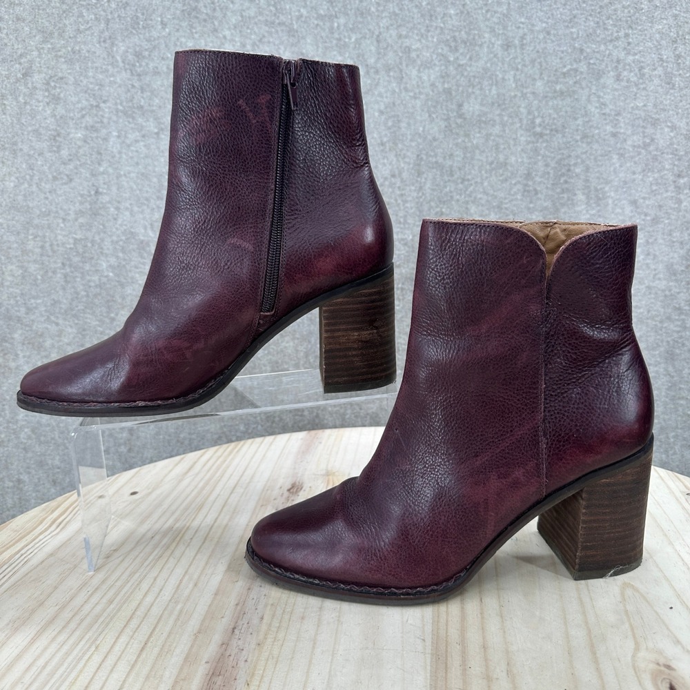 Lucky Brand Nomi Ankle Boot Women 8.5 Burgundy Leather Stacked Block Heel Bootie